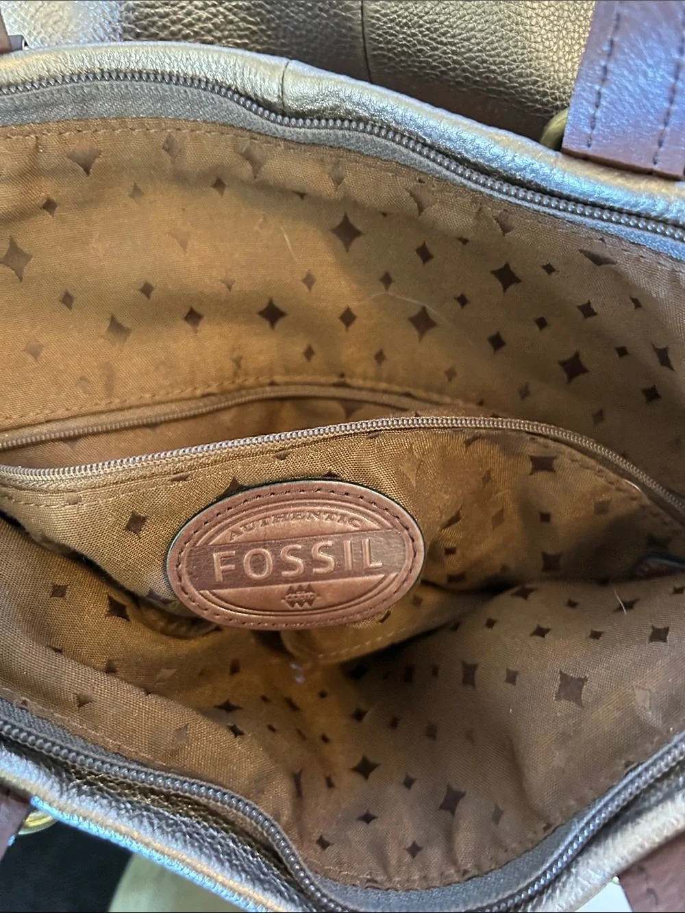 FOSSIL  LARGE  LEATHER BRONZE FOLDOVER TOTE CROSSBODY HOBO BAG